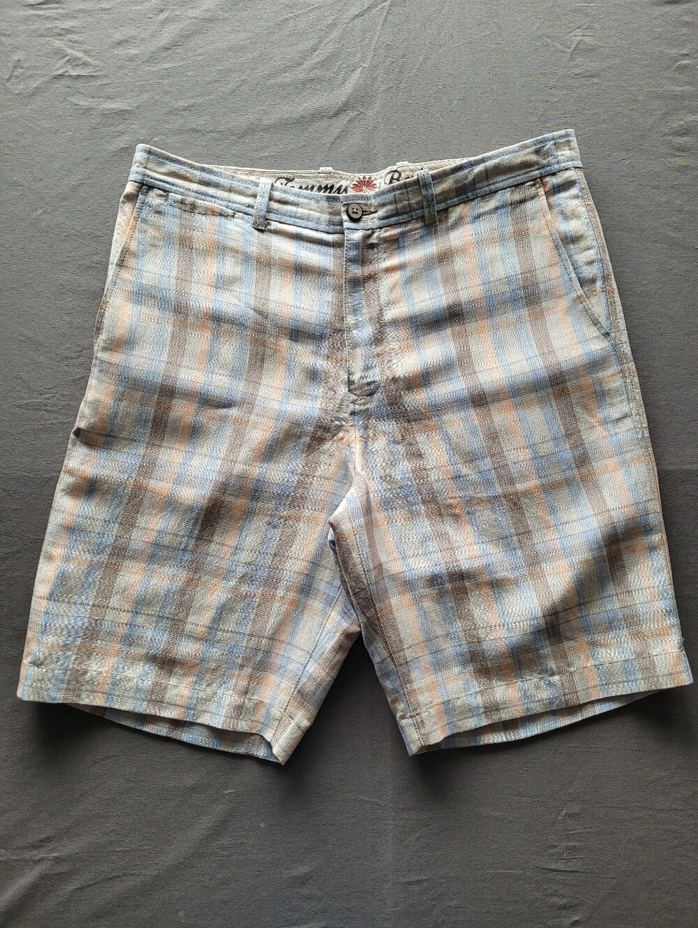 Tommy Bahama Men's Linen Tencel Plaid Shorts Size 34 10" Inseam Blue Tan